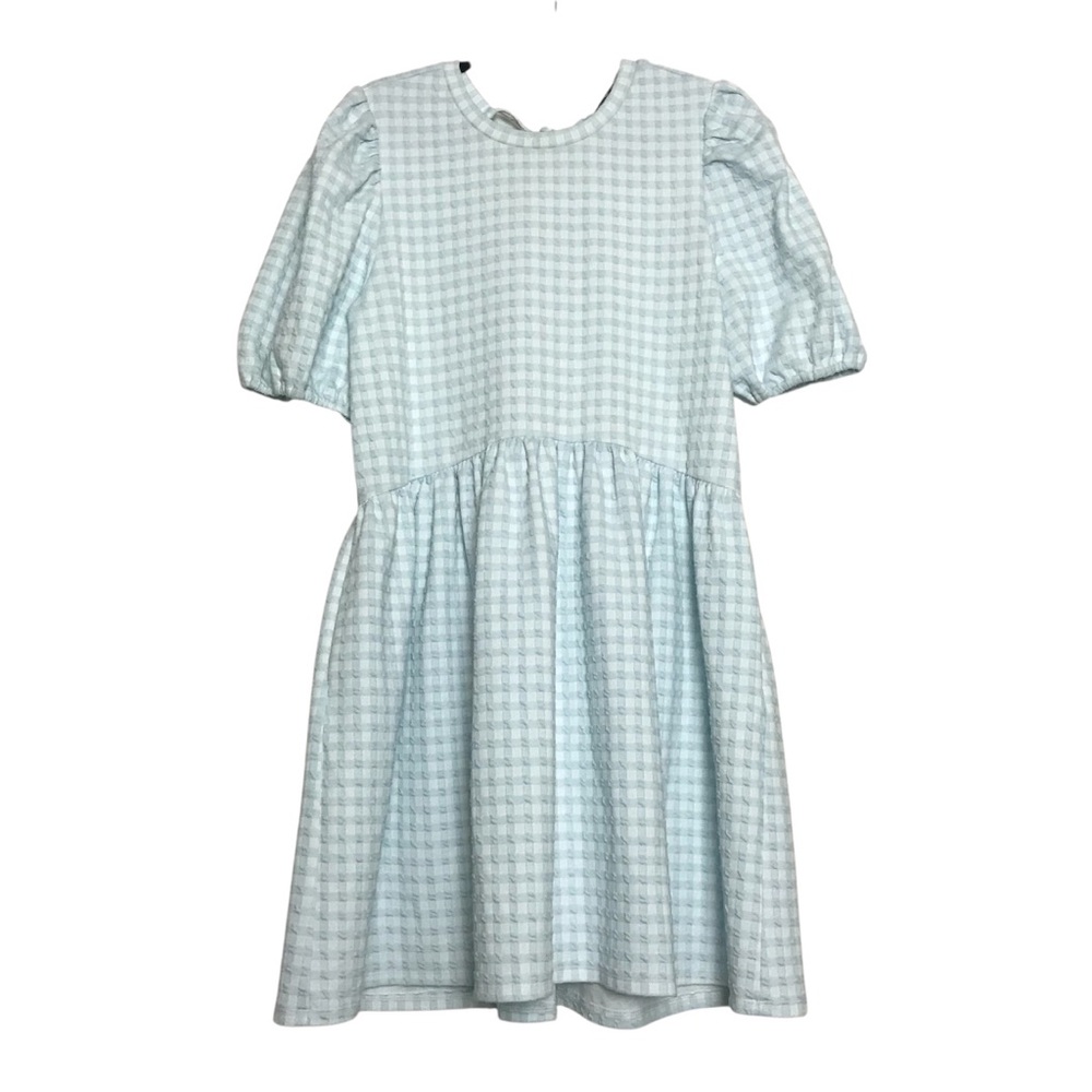 NWT English Factory Blue Gingham Scrunched Poof Sleeve Dress Size L Coquette